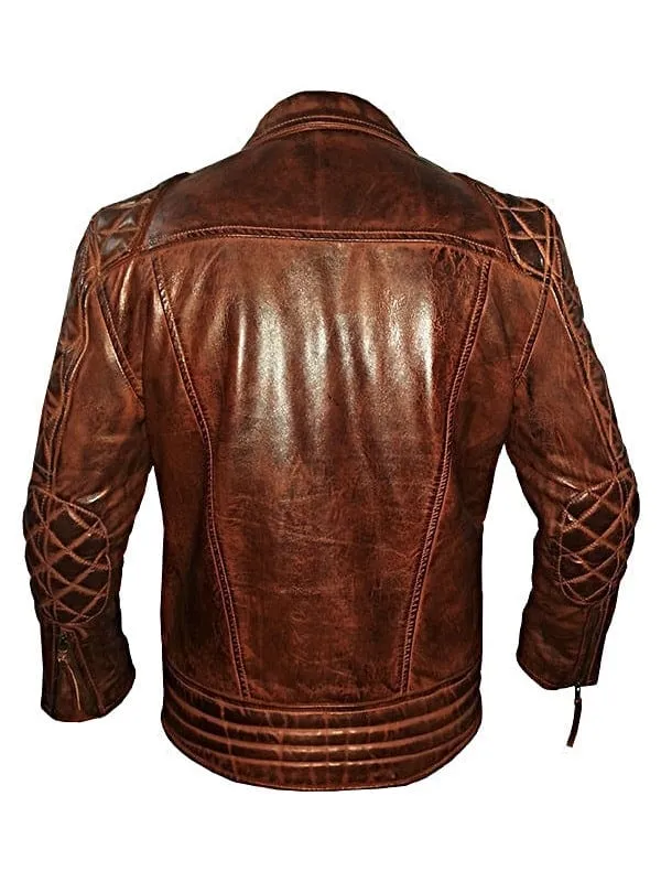 Mens Diamond Quilted Vintage Leather Biker Jacket