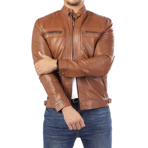 Men's Diamond Style Cafe Racer Camel Leather Jacket