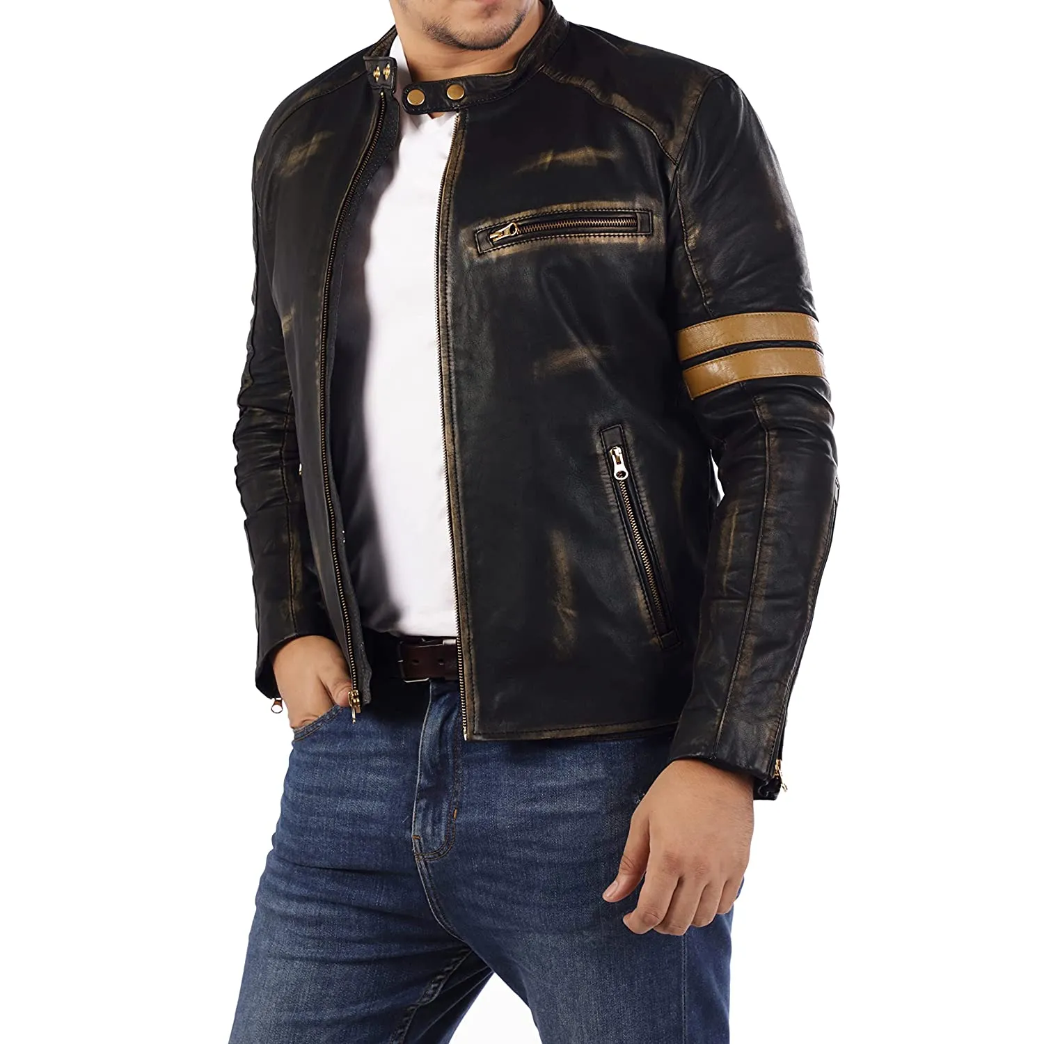 Men's Distressed Black Cafe Racer Leather Jacket
