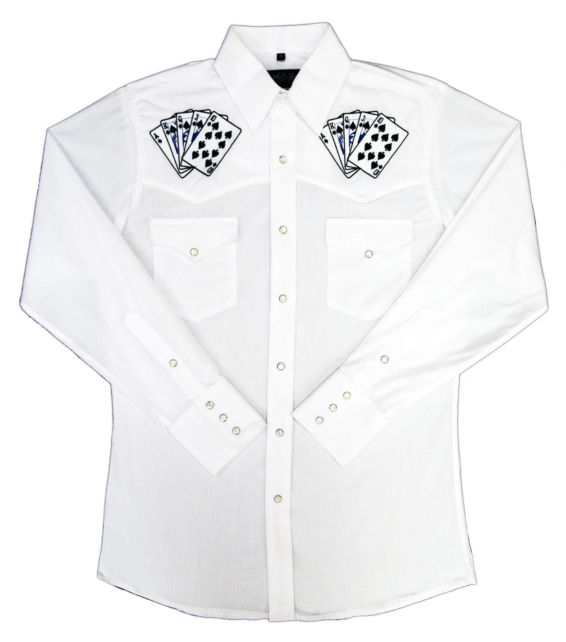 Men's Embroidered Western Shirt: White Horse Royal Flush on White