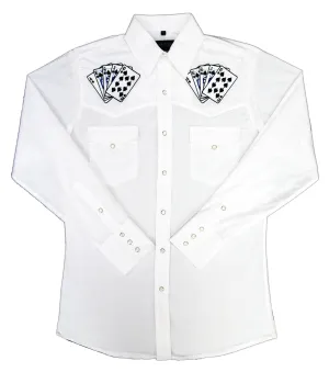 Men's Embroidered Western Shirt: White Horse Royal Flush on White