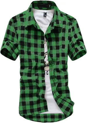Mens Fashion Short Sleeve Flannel Shirts Slim Fit Causal Button Down Plaid Designer Shirts Camisas de Hombre