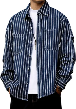 Men's Fashion Stripe Cotton Denim Shirts Casual Button Down Work Shirts Long Sleeve Dress Shirt with Pocket