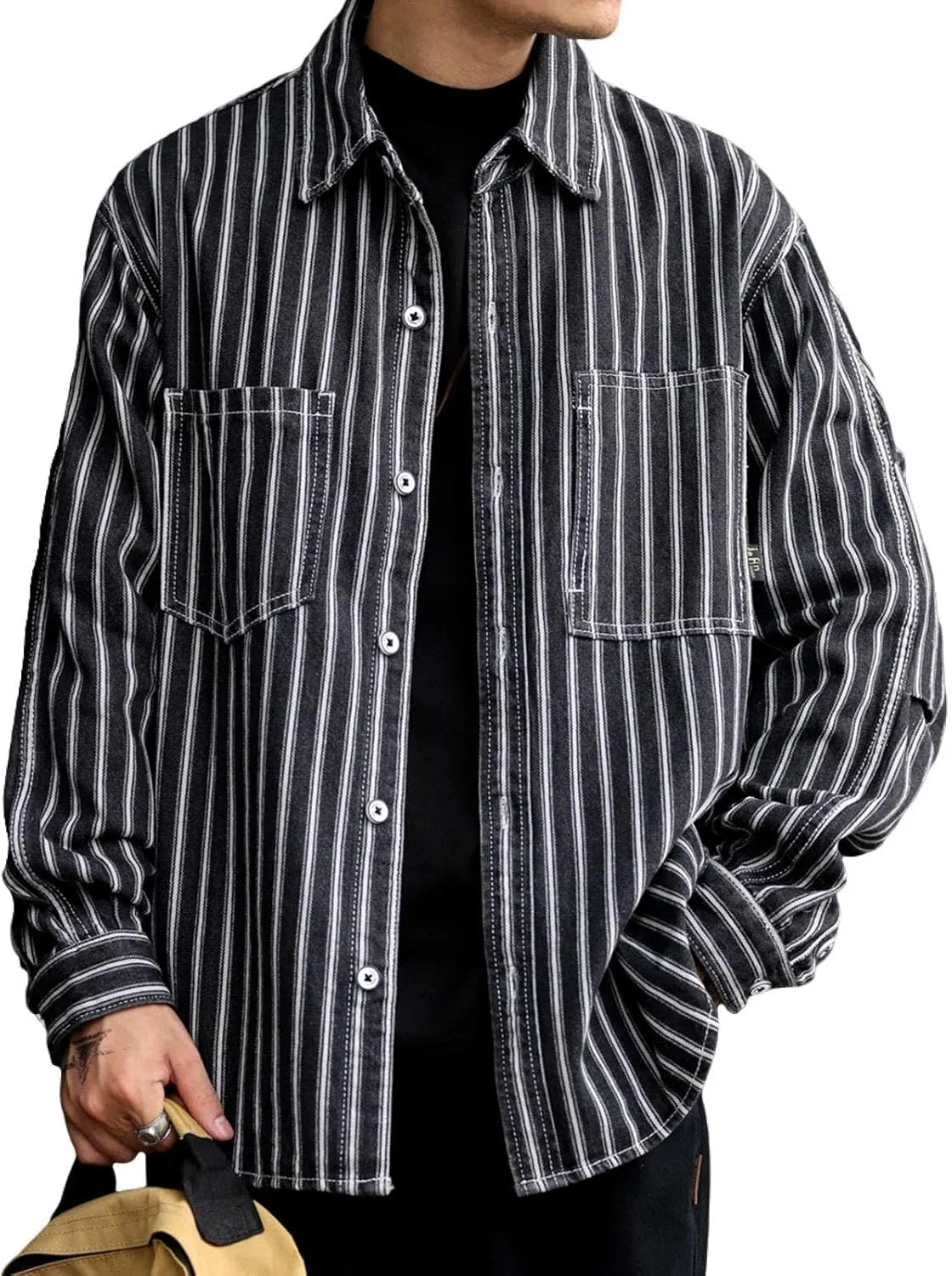 Men's Fashion Stripe Cotton Denim Shirts Casual Button Down Work Shirts Long Sleeve Dress Shirt with Pocket