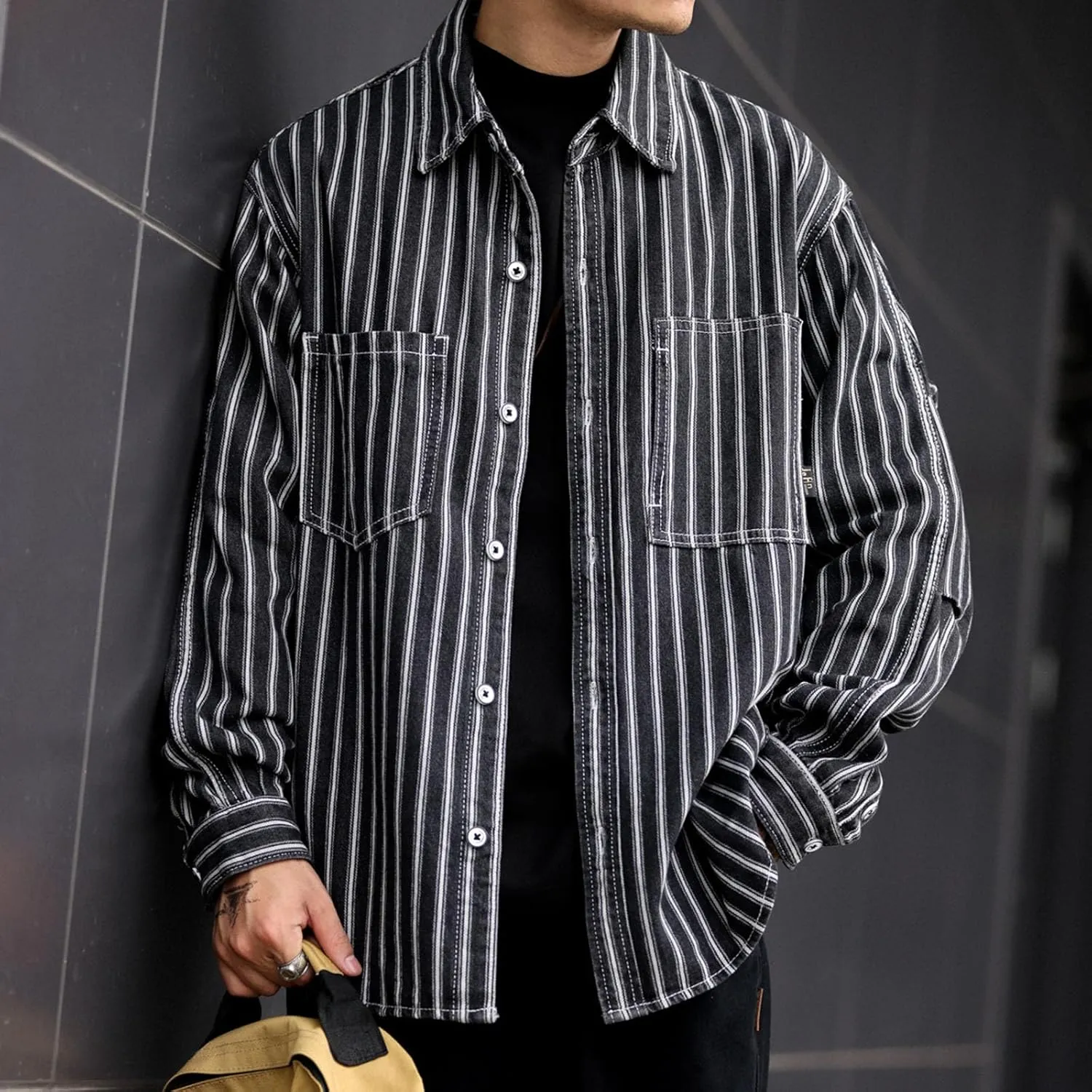 Men's Fashion Stripe Cotton Denim Shirts Casual Button Down Work Shirts Long Sleeve Dress Shirt with Pocket