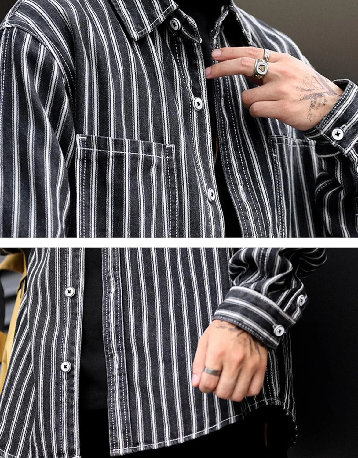Men's Fashion Stripe Cotton Denim Shirts Casual Button Down Work Shirts Long Sleeve Dress Shirt with Pocket