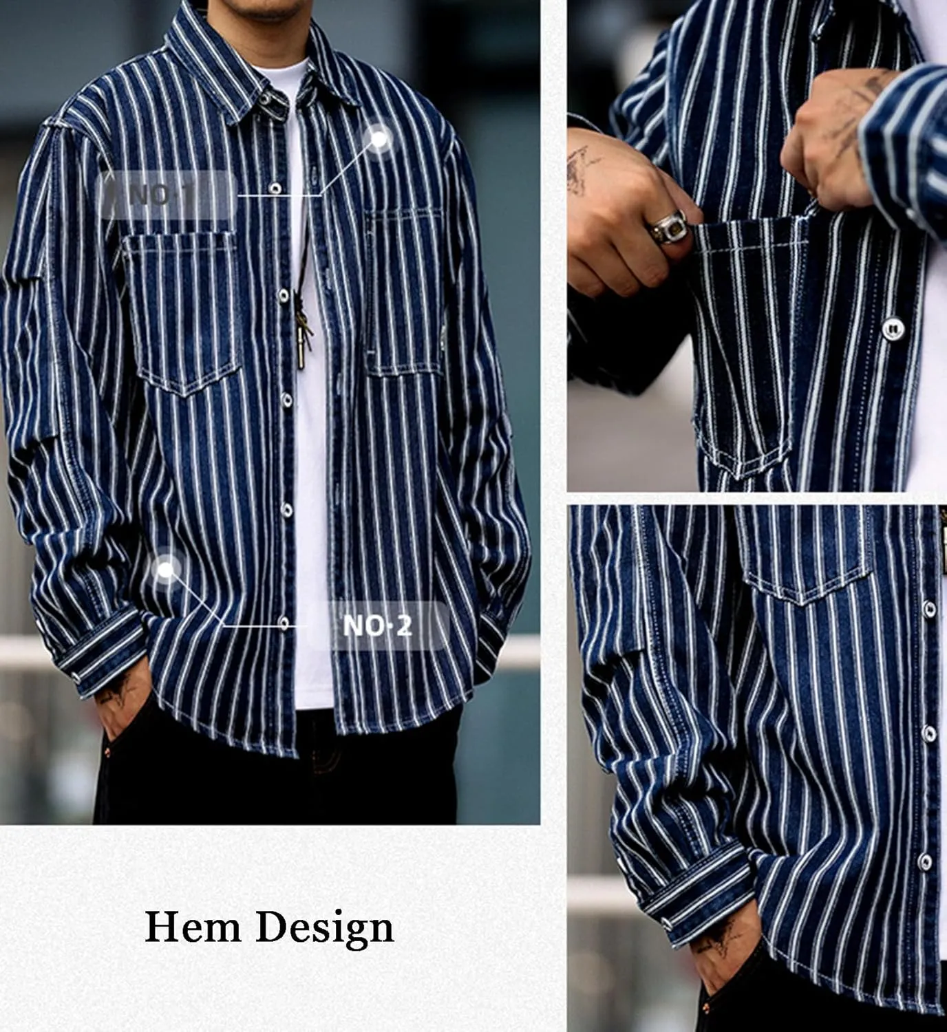 Men's Fashion Stripe Cotton Denim Shirts Casual Button Down Work Shirts Long Sleeve Dress Shirt with Pocket