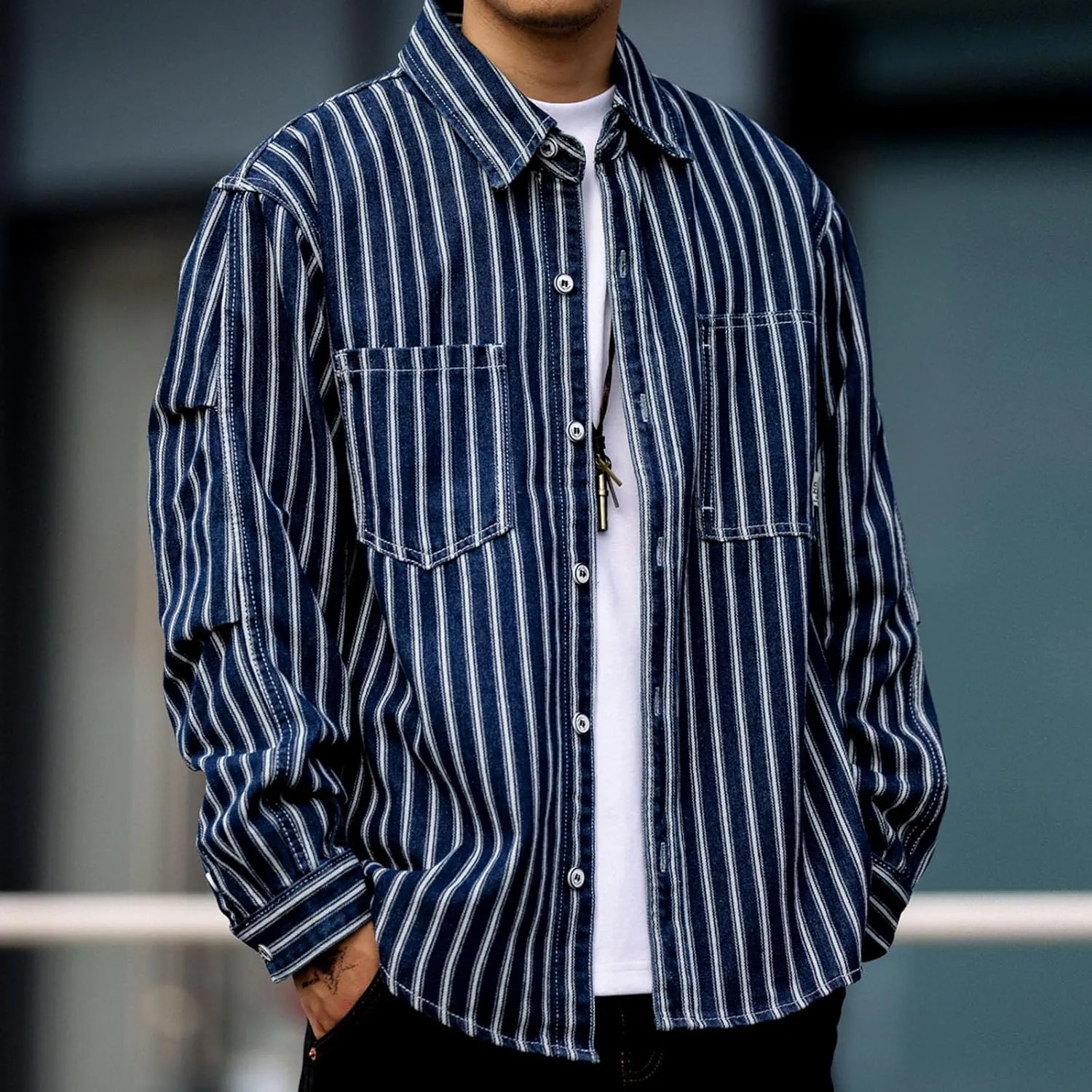 Men's Fashion Stripe Cotton Denim Shirts Casual Button Down Work Shirts Long Sleeve Dress Shirt with Pocket