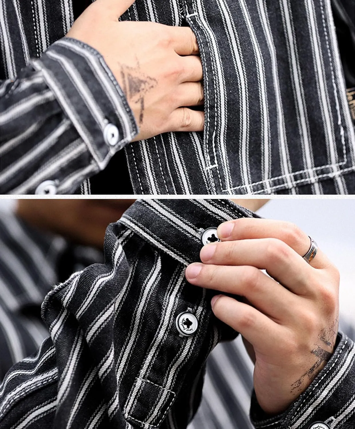 Men's Fashion Stripe Cotton Denim Shirts Casual Button Down Work Shirts Long Sleeve Dress Shirt with Pocket