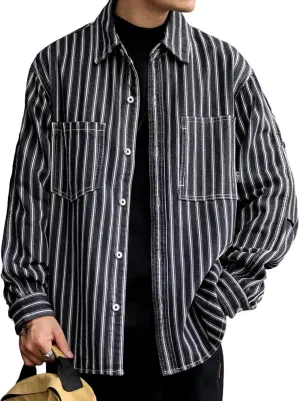 Men's Fashion Stripe Cotton Denim Shirts Casual Button Down Work Shirts Long Sleeve Dress Shirt with Pocket