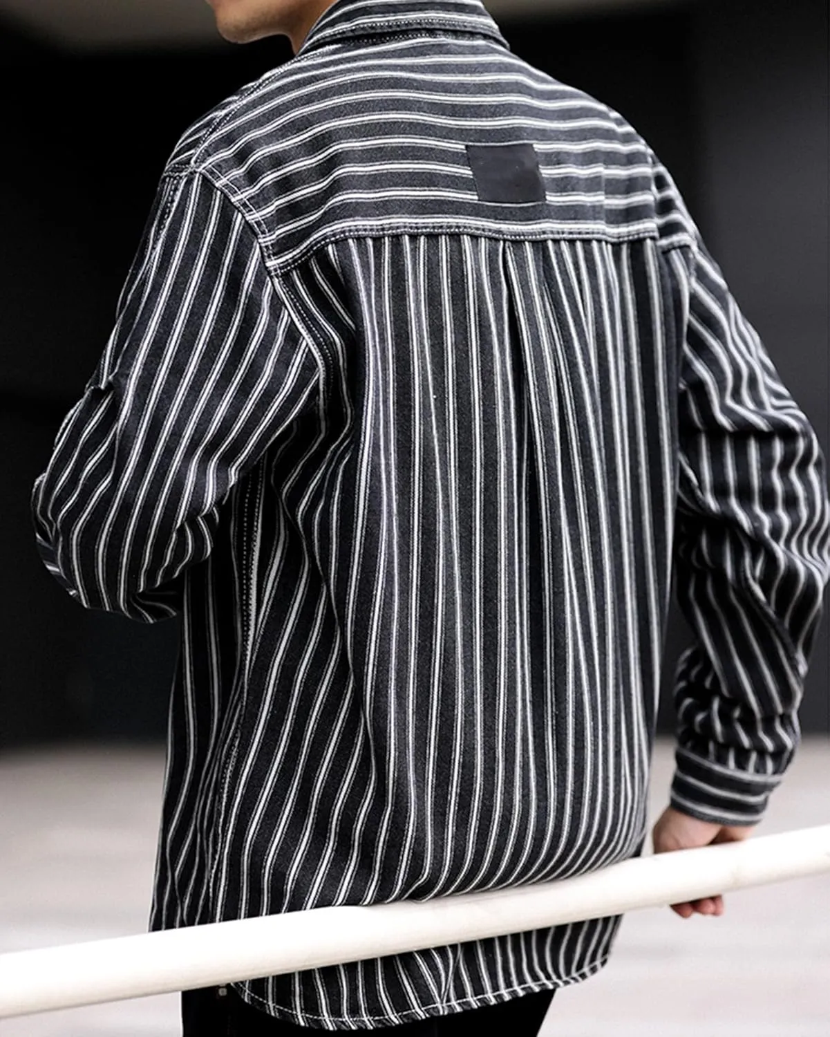 Men's Fashion Stripe Cotton Denim Shirts Casual Button Down Work Shirts Long Sleeve Dress Shirt with Pocket