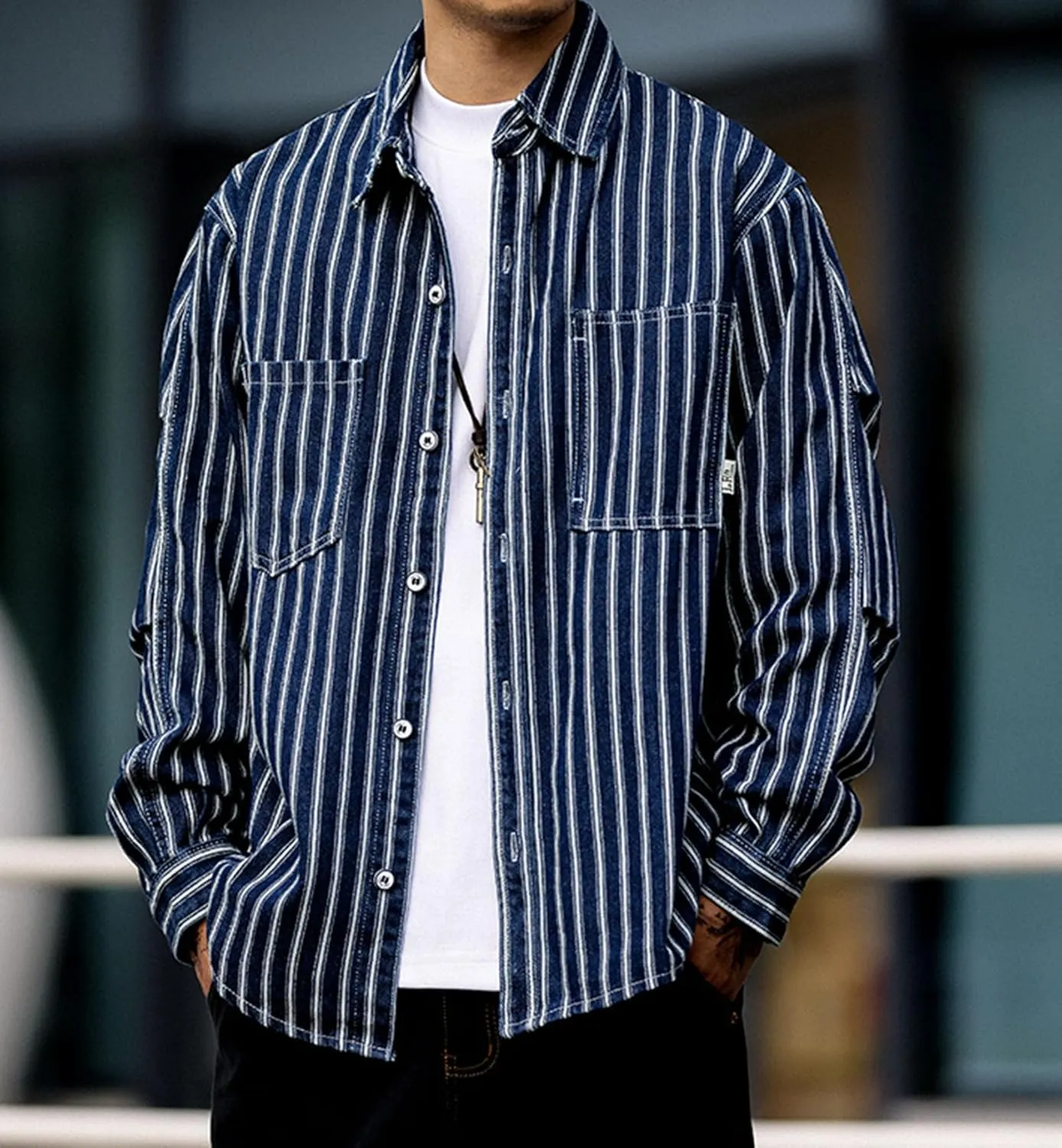 Men's Fashion Stripe Cotton Denim Shirts Casual Button Down Work Shirts Long Sleeve Dress Shirt with Pocket