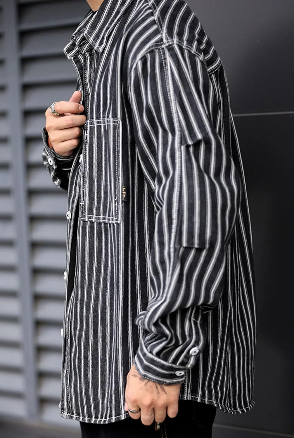 Men's Fashion Stripe Cotton Denim Shirts Casual Button Down Work Shirts Long Sleeve Dress Shirt with Pocket