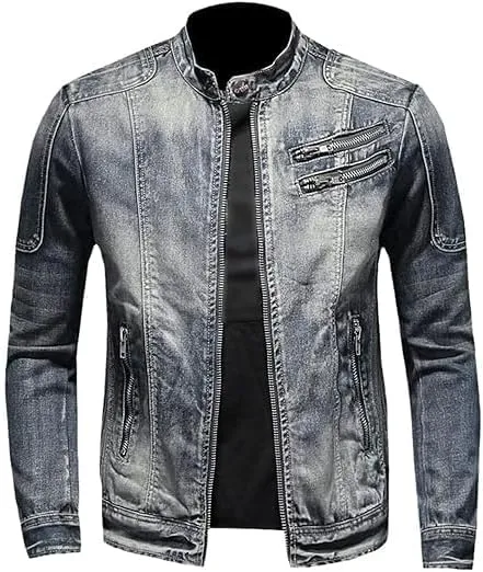 Men's Fashion Vintage Denim Jacket Stand Collar Zipper Lightweight Motorcycle Jackets Warm Slim Trucker Coats