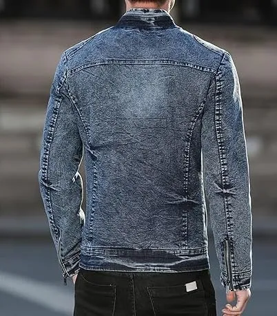 Men's Fashion Vintage Denim Jacket Stand Collar Zipper Lightweight Motorcycle Jackets Warm Slim Trucker Coats