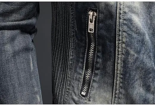 Men's Fashion Vintage Denim Jacket Stand Collar Zipper Lightweight Motorcycle Jackets Warm Slim Trucker Coats