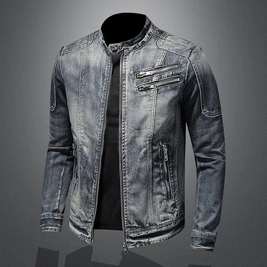 Men's Fashion Vintage Denim Jacket Stand Collar Zipper Lightweight Motorcycle Jackets Warm Slim Trucker Coats