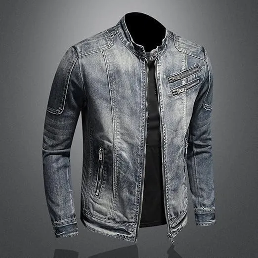 Men's Fashion Vintage Denim Jacket Stand Collar Zipper Lightweight Motorcycle Jackets Warm Slim Trucker Coats