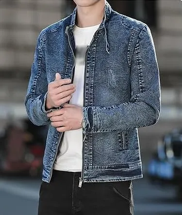 Men's Fashion Vintage Denim Jacket Stand Collar Zipper Lightweight Motorcycle Jackets Warm Slim Trucker Coats