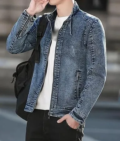 Men's Fashion Vintage Denim Jacket Stand Collar Zipper Lightweight Motorcycle Jackets Warm Slim Trucker Coats