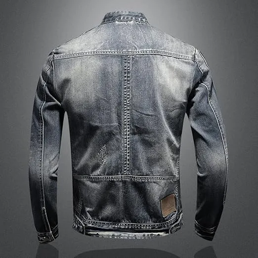 Men's Fashion Vintage Denim Jacket Stand Collar Zipper Lightweight Motorcycle Jackets Warm Slim Trucker Coats
