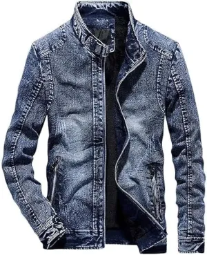 Men's Fashion Vintage Denim Jacket Stand Collar Zipper Lightweight Motorcycle Jackets Warm Slim Trucker Coats