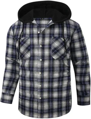 Mens Flannel Shirts Long Sleeve Plaid Lightweight Hooded Flannel Shirt Jacket Casual Button Down Fall Shacket