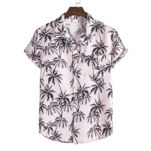 Mens Hawaiian Shirt Pink Palm Tree Print Casual Short Sleeve Button Down Shirts Summer Beach Aloha Shirt Men Chemise Homme XXXL