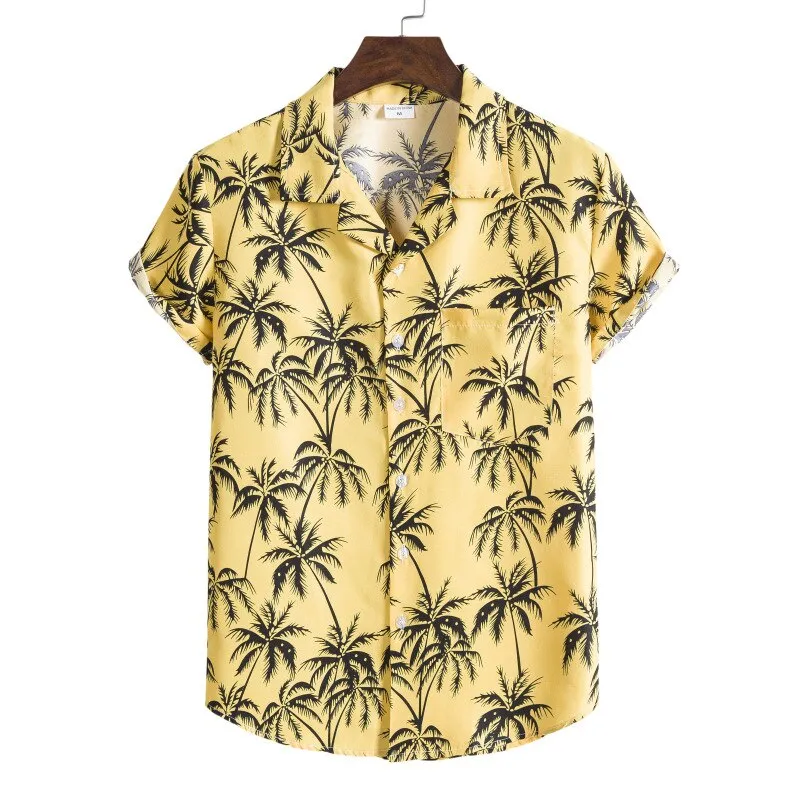 Mens Hawaiian Shirt Pink Palm Tree Print Casual Short Sleeve Button Down Shirts Summer Beach Aloha Shirt Men Chemise Homme XXXL