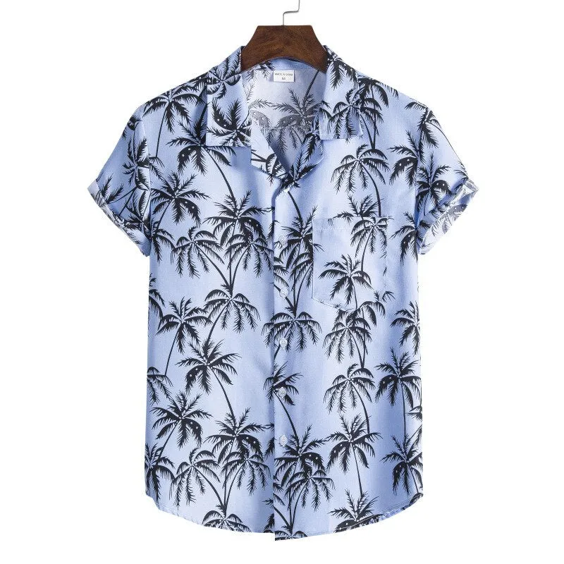 Mens Hawaiian Shirt Pink Palm Tree Print Casual Short Sleeve Button Down Shirts Summer Beach Aloha Shirt Men Chemise Homme XXXL