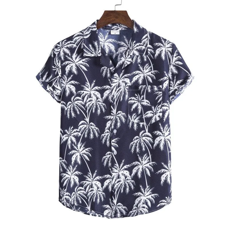 Mens Hawaiian Shirt Pink Palm Tree Print Casual Short Sleeve Button Down Shirts Summer Beach Aloha Shirt Men Chemise Homme XXXL