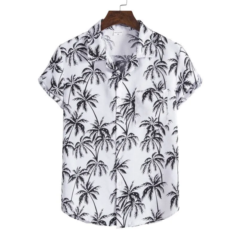 Mens Hawaiian Shirt Pink Palm Tree Print Casual Short Sleeve Button Down Shirts Summer Beach Aloha Shirt Men Chemise Homme XXXL