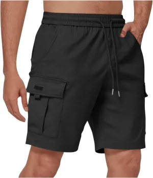 Men's Hiking Cargo Shorts Elastic Waist Drawstring Shorts Solid Color Straight Leg Pants for Outdoor Cycling Travel