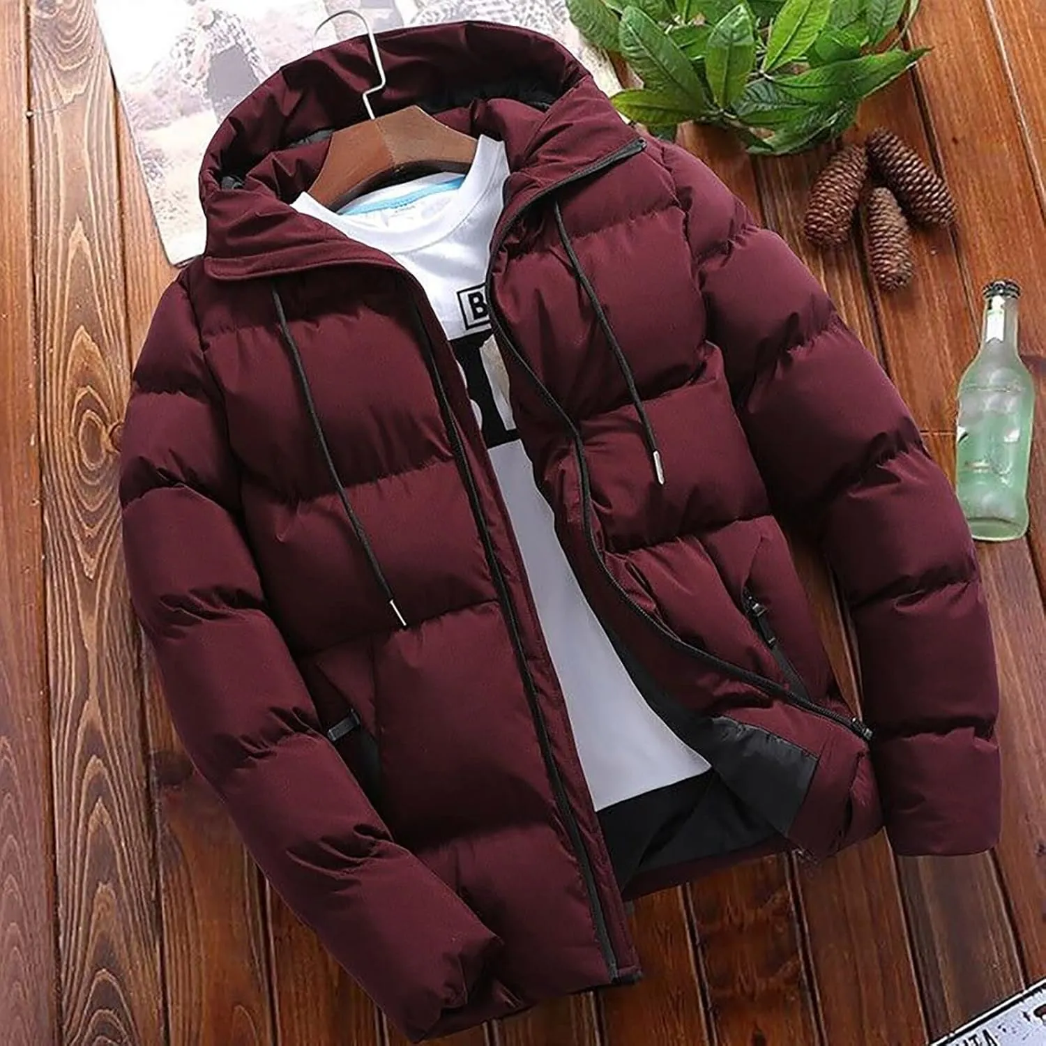 Men's Hooded Puffer Jacket Insulated Winter Coat for Snow Ski Traveling Zip Up Padded Down Jacket Winter Jackets Outerwear