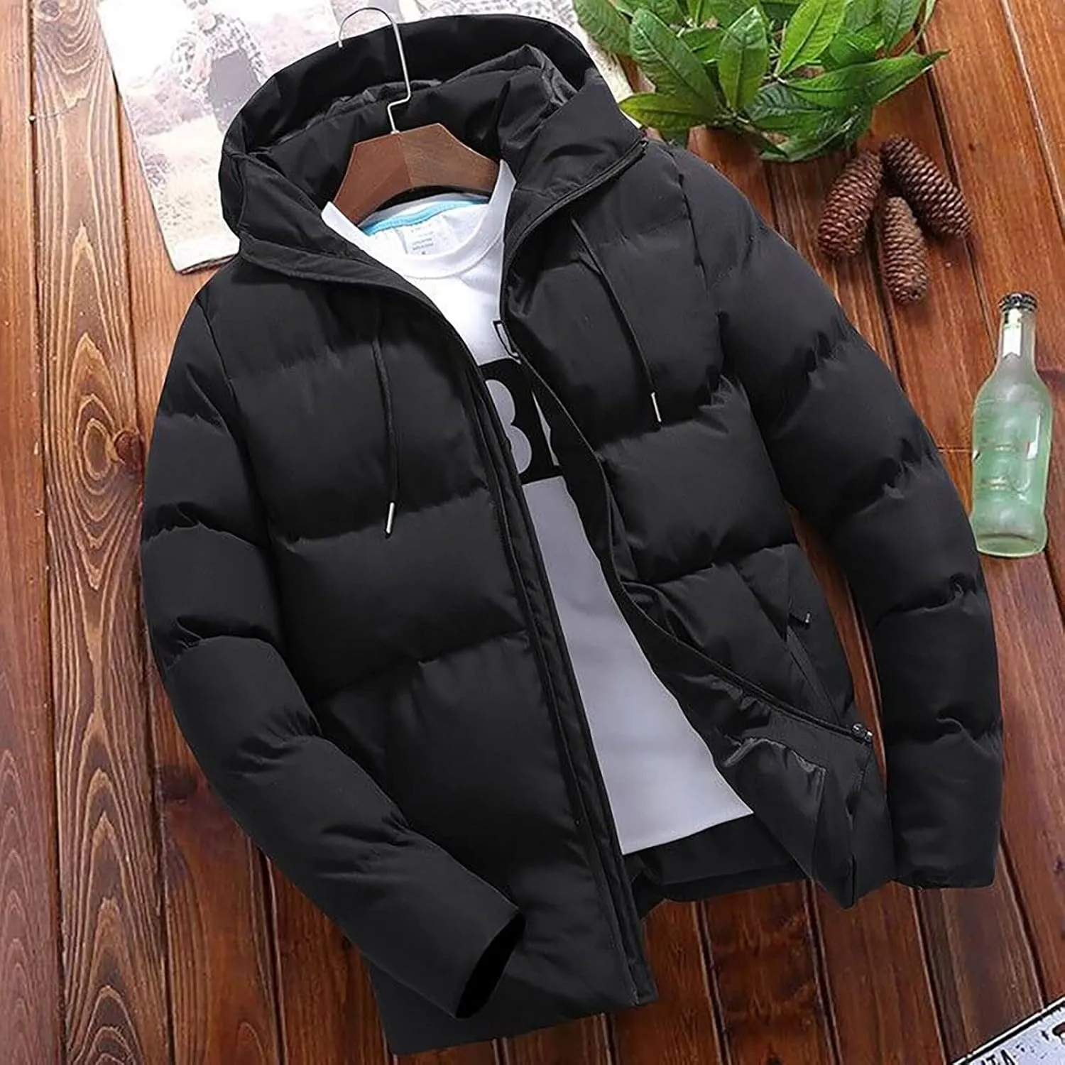 Men's Hooded Puffer Jacket Insulated Winter Coat for Snow Ski Traveling Zip Up Padded Down Jacket Winter Jackets Outerwear