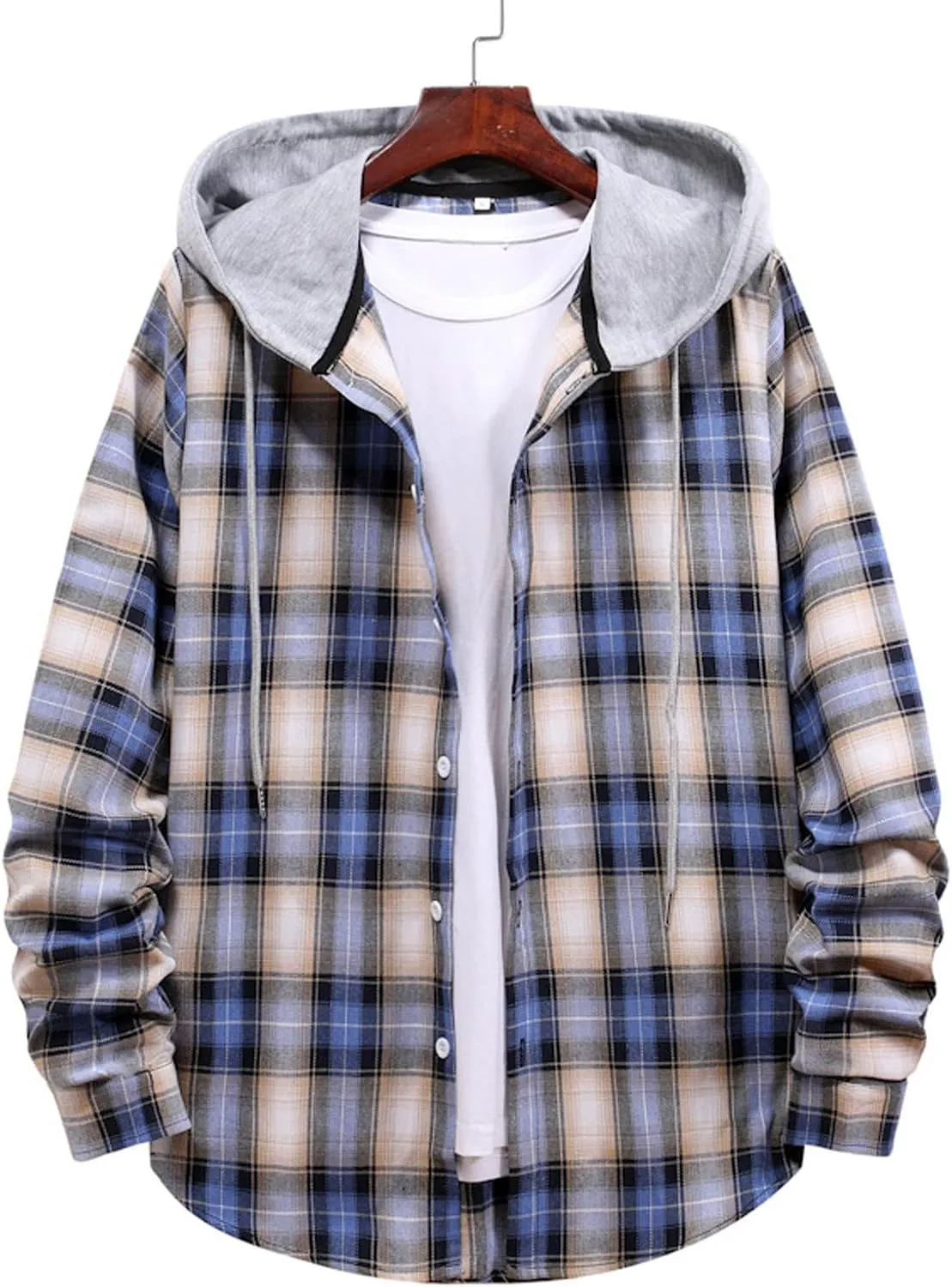 Men's Hooded Shirts Jackets Flannel Collar Long Sleeve Shirt Blouse Quilted Lined Flannel Shirt Jacket for Men Fall