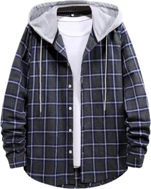 Men's Hooded Shirts Jackets Flannel Collar Long Sleeve Shirt Blouse Quilted Lined Flannel Shirt Jacket for Men Fall