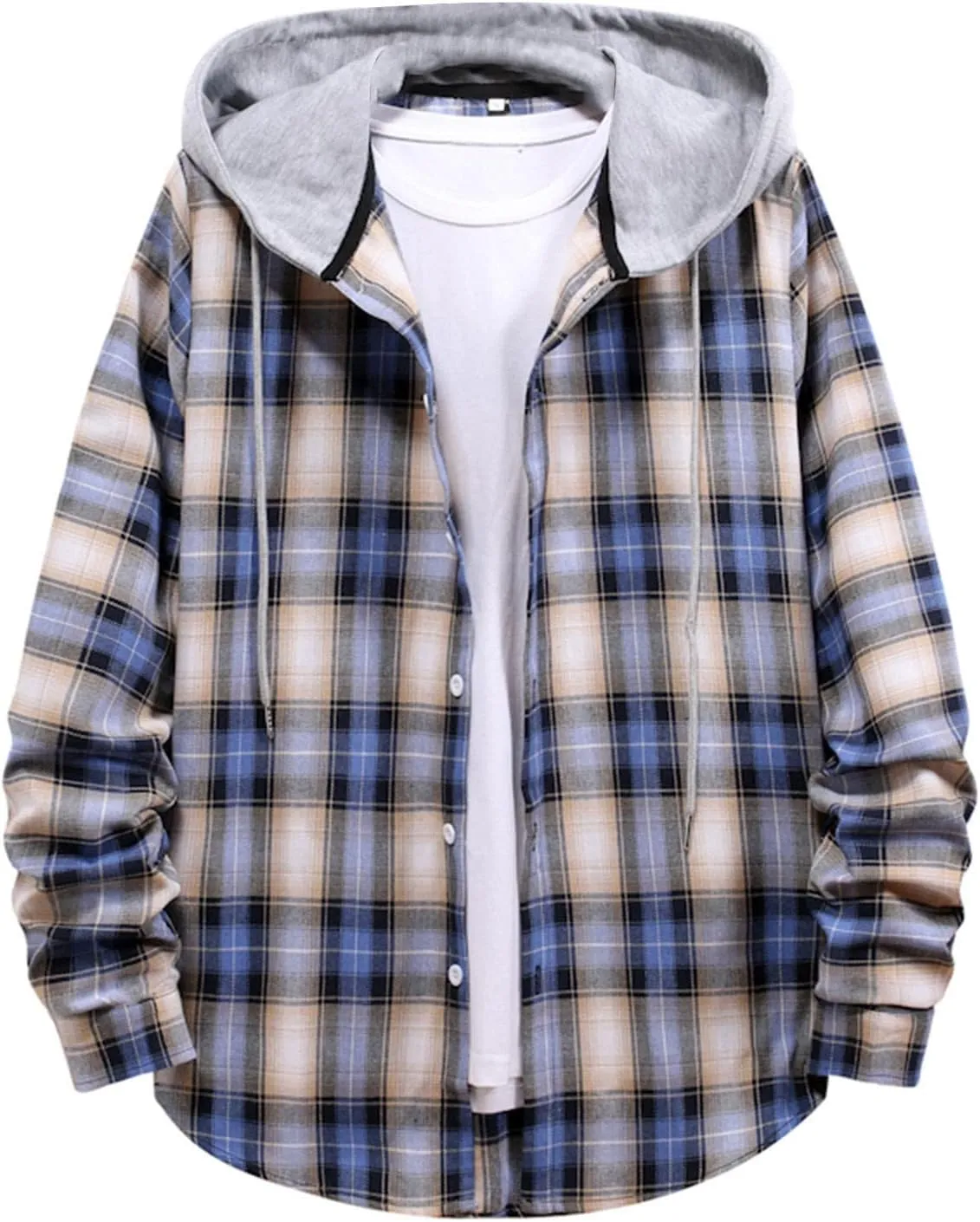 Men's Hooded Shirts Jackets Flannel Collar Long Sleeve Shirt Blouse Quilted Lined Flannel Shirt Jacket for Men Fall