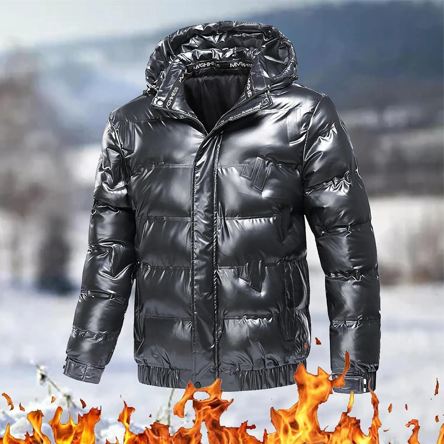 Mens Insulated Puffer Jacket Zip Up Padded Quilted Down Jacket with Removable Hood Thermal Windproof Winter Jackets Outerwear