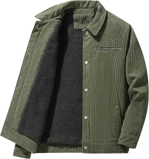 Mens Jacket Winter Corduroy Thickened Zip Up Heavyweight Jackets Warm Sherpa Lined Fleece Loose Coat, XL-5XL