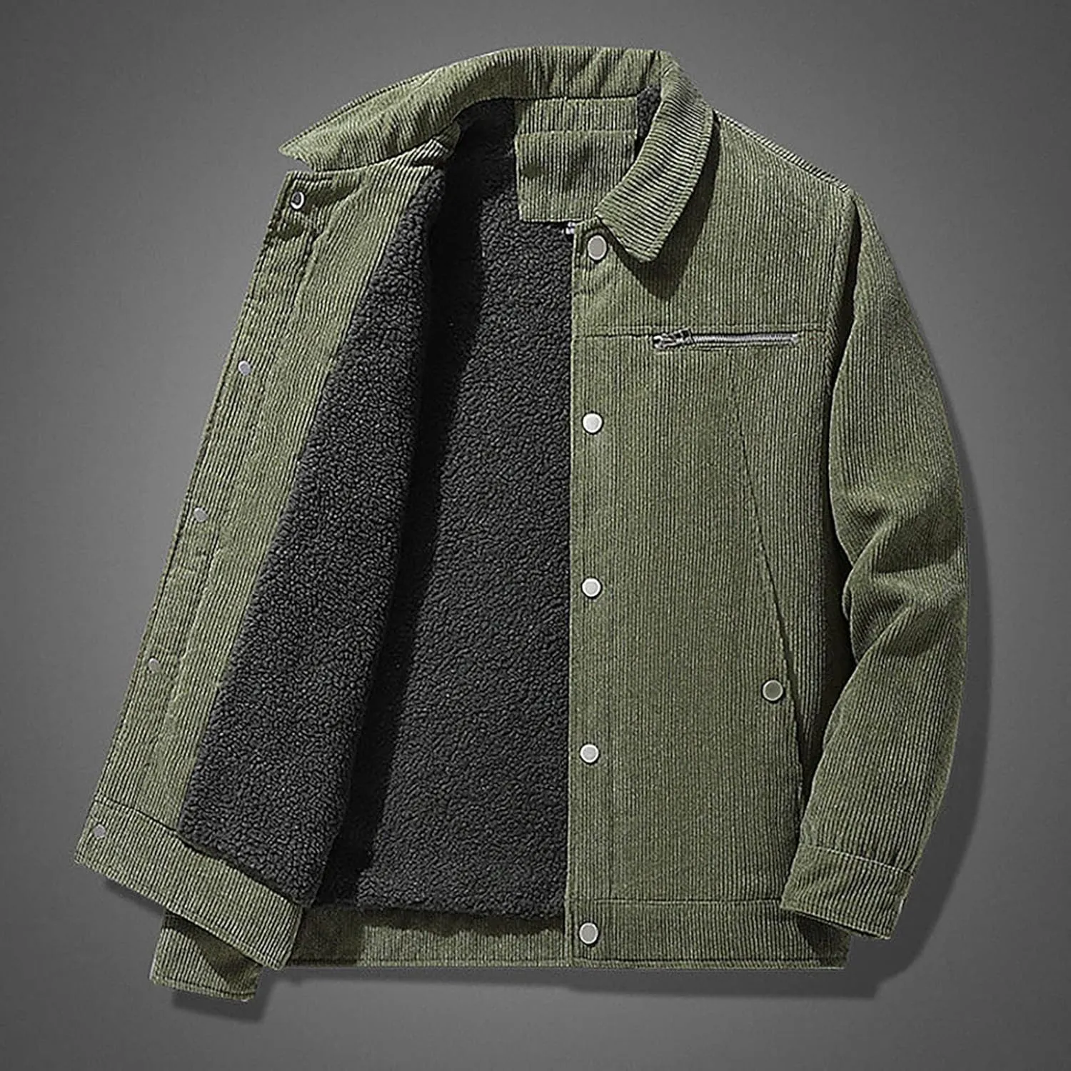 Mens Jacket Winter Corduroy Thickened Zip Up Heavyweight Jackets Warm Sherpa Lined Fleece Loose Coat, XL-5XL