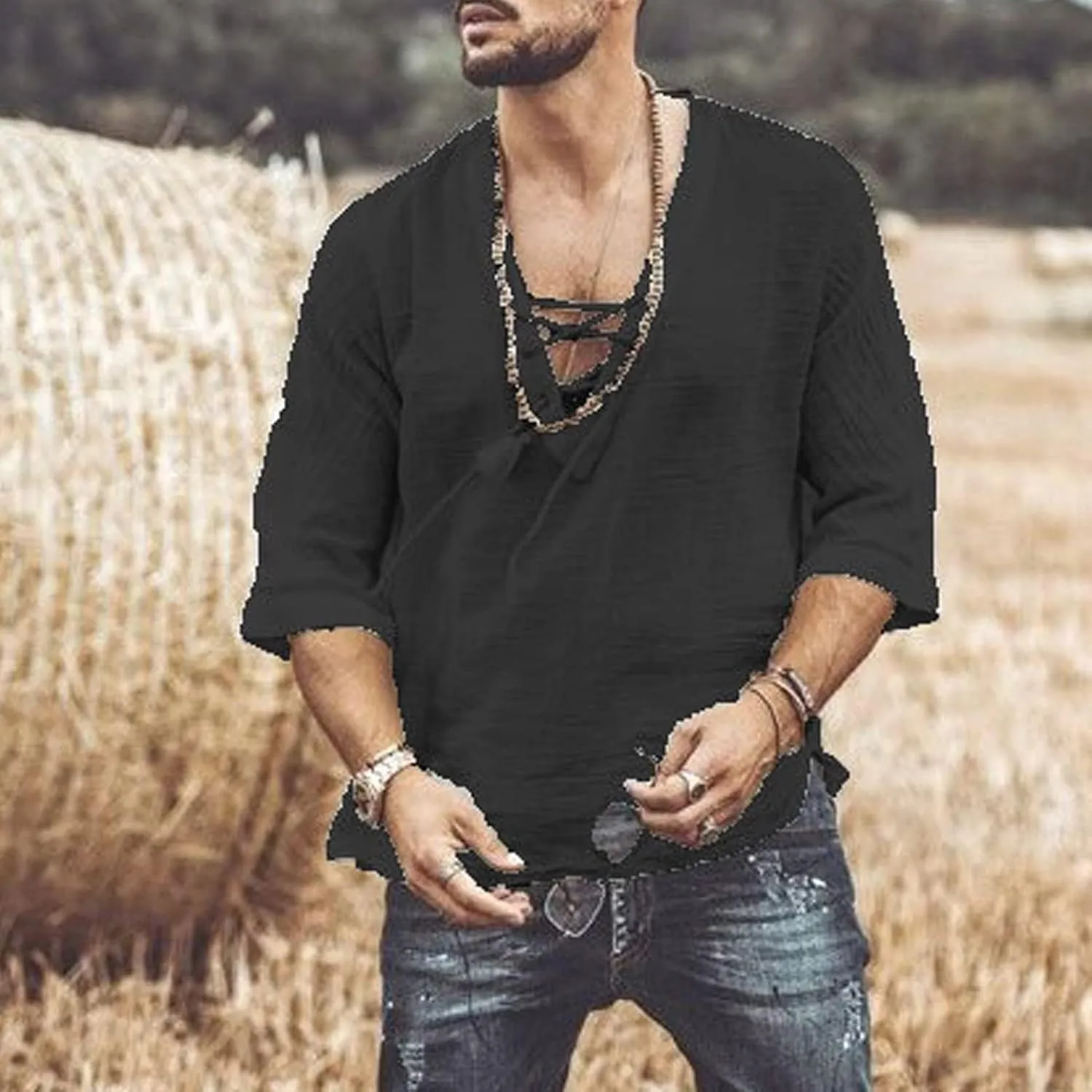 Mens Lace Up Drawstring Hippie Long Sleeve T Shirts Fashion Beach V-Neck Yoga Summer Top Solid Cotton Linen Shirts