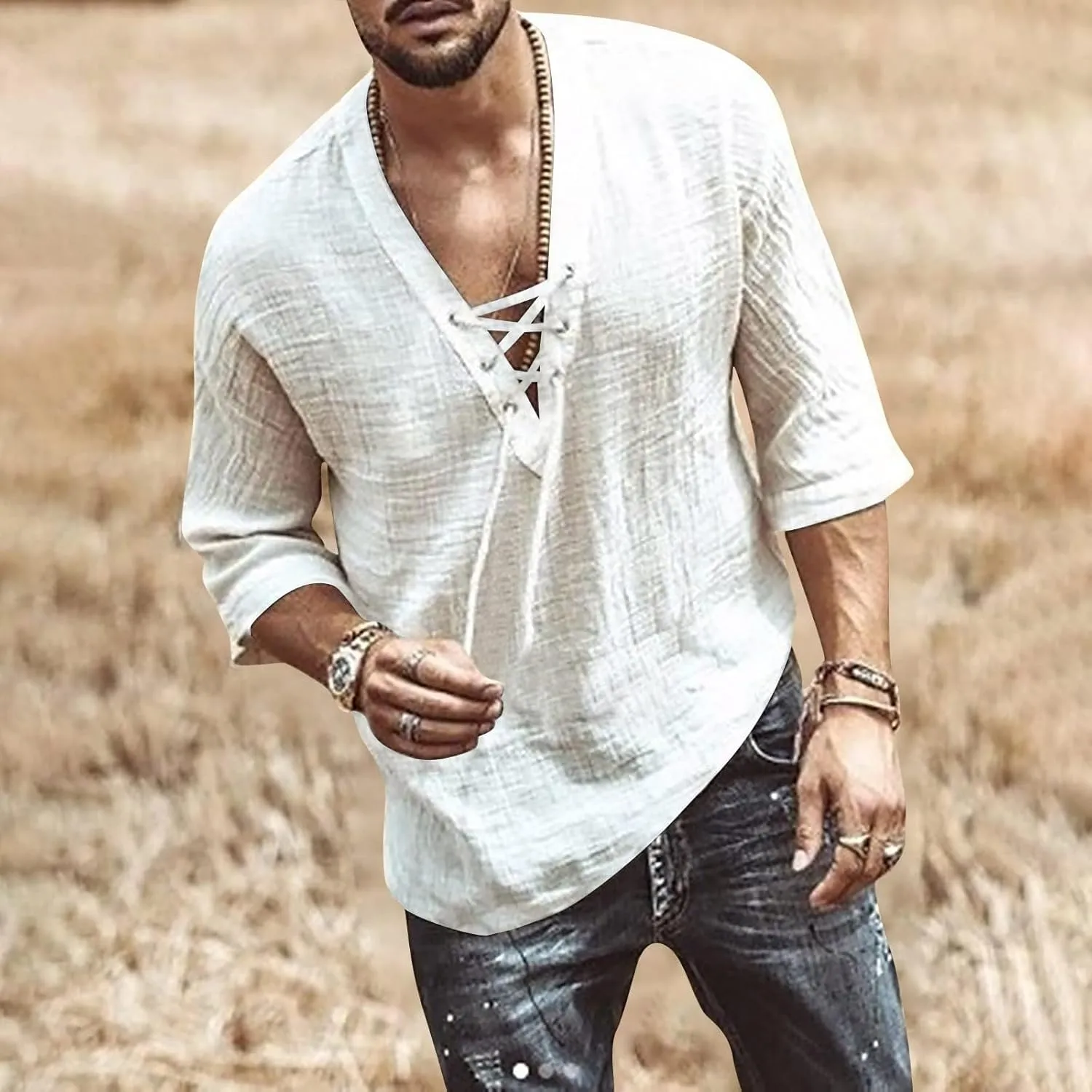 Mens Lace Up Drawstring Hippie Long Sleeve T Shirts Fashion Beach V-Neck Yoga Summer Top Solid Cotton Linen Shirts