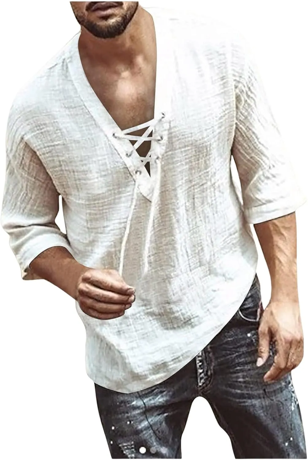 Mens Lace Up Drawstring Hippie Long Sleeve T Shirts Fashion Beach V-Neck Yoga Summer Top Solid Cotton Linen Shirts