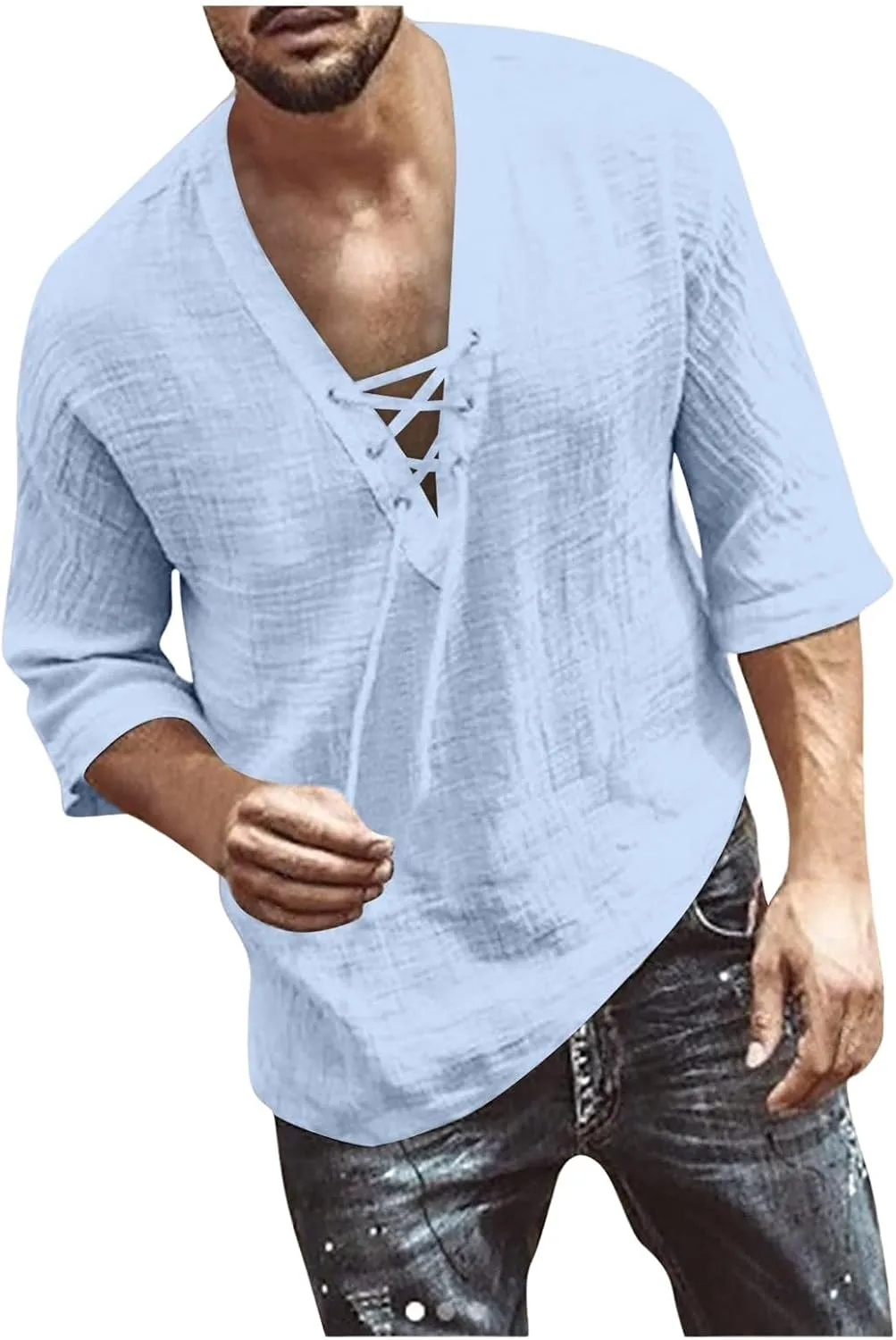 Mens Lace Up Drawstring Hippie Long Sleeve T Shirts Fashion Beach V-Neck Yoga Summer Top Solid Cotton Linen Shirts