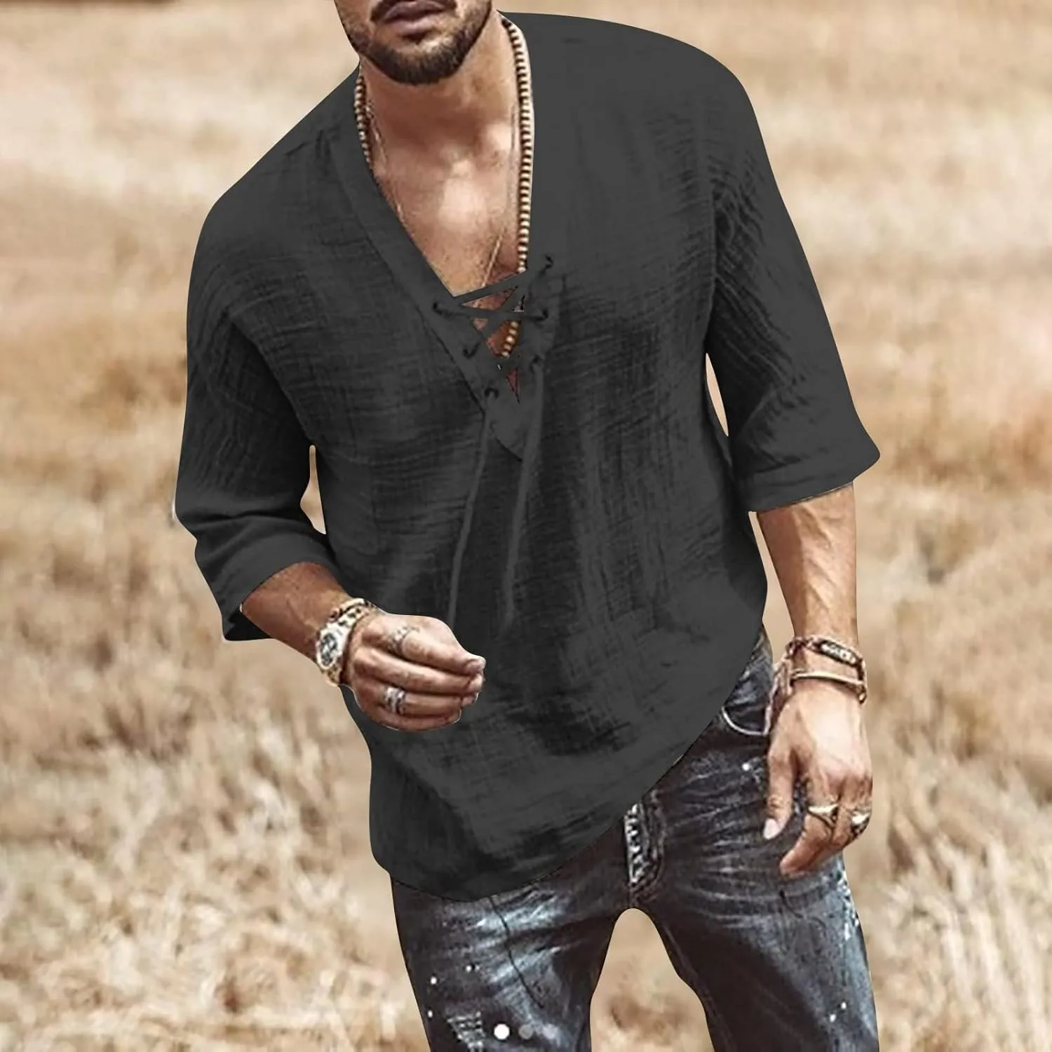 Mens Lace Up Drawstring Hippie Long Sleeve T Shirts Fashion Beach V-Neck Yoga Summer Top Solid Cotton Linen Shirts