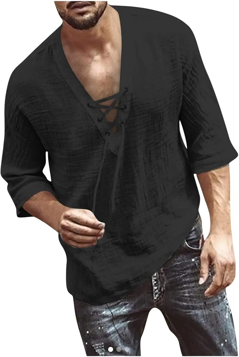 Mens Lace Up Drawstring Hippie Long Sleeve T Shirts Fashion Beach V-Neck Yoga Summer Top Solid Cotton Linen Shirts