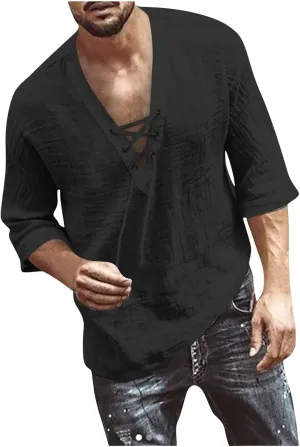 Mens Lace Up Drawstring Hippie Long Sleeve T Shirts Fashion Beach V-Neck Yoga Summer Top Solid Cotton Linen Shirts