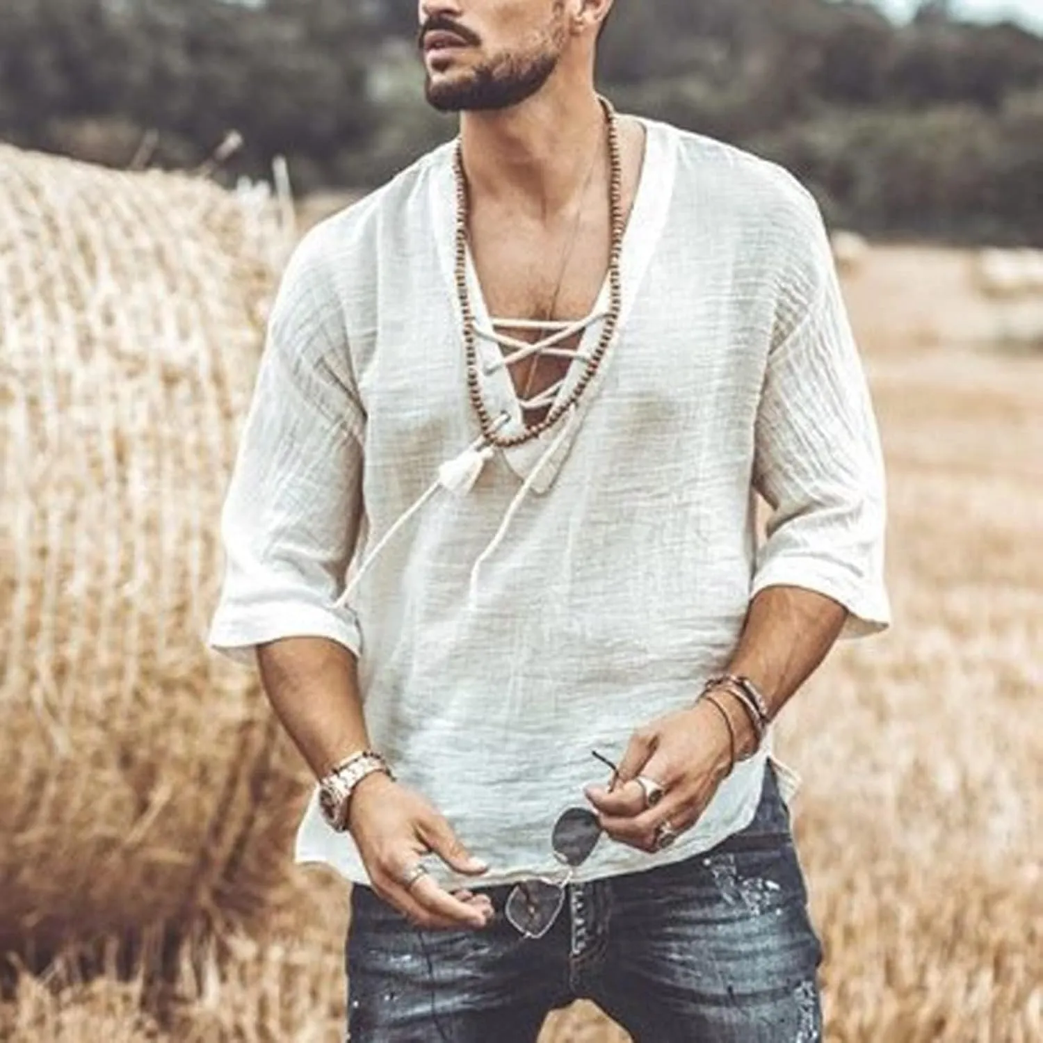 Mens Lace Up Drawstring Hippie Long Sleeve T Shirts Fashion Beach V-Neck Yoga Summer Top Solid Cotton Linen Shirts