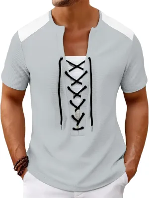 Mens Lace Up Henley Shirts Color Block Casual Short Sleeve V Neck Pirate Shirt Fashion Hippie Beach Summer Tops